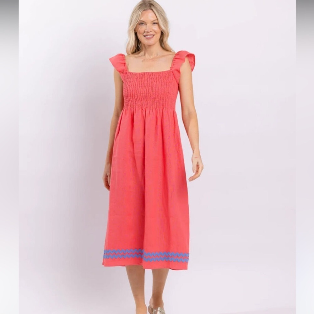 Sail to Sable coral linen midi dress with periwinkle detail